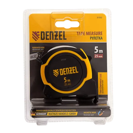 Рулетка DENZEL 5м х 25мм, двухкомп. корпус, магнитный обрезиненный зацеп