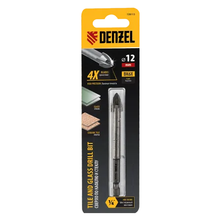 Сверло по керамической плитке DENZEL 12 мм, крестовая пластина, шестигранный хвостовик