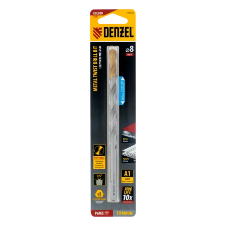 Сверло спиральное по металлу DENZEL 8 х 165 мм, Р6М5, Golden Tip, удлиненное