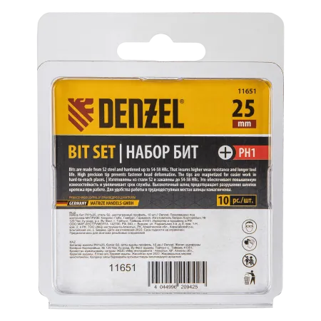 Бита DENZEL PH1х25, сталь S2, шестигранный профиль, 10 шт. Е 6,3
