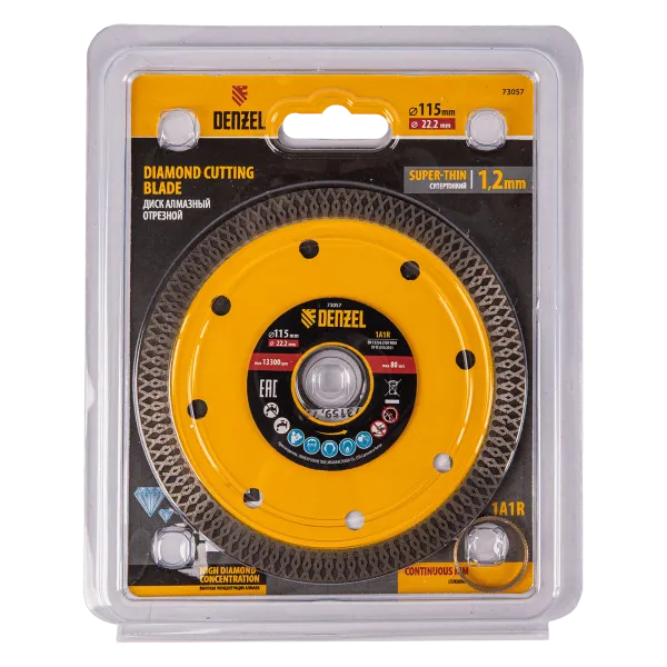 Диск алмазный отрезной DENZEL 115 х 22,2мм, сплошной, супертонкий, горячий пресс, сухой/мокрый рез