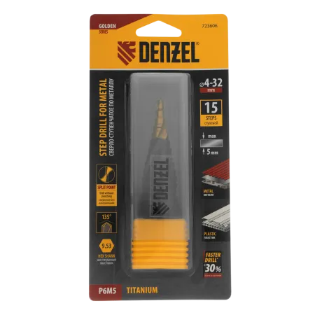 Сверло ступенчатое DENZEL, 4-6-8-10-12-14-16-18-20-22-24-26-28-30-32 мм, Р6М5, 6-гр. хвостовик