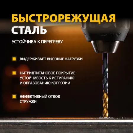 Набор сверл по металлу DENZEL 1,5-6,5 мм, HSS-Tin, Golden Tip, 13 шт