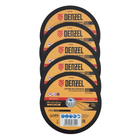 Круг отрезной по металлу DENZEL 230 х 2,0 х 22,2 мм, A36TBF, в метал.банке, 5 шт.