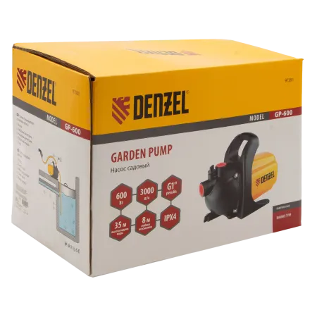 Насос садовый поверхностный DENZEL GP600, 600 Вт, 3000 л/ч, высота подъема 35 м, пластик
