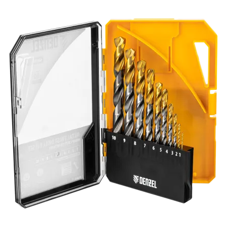 Набор сверл по металлу DENZEL, 1-10 мм, Р6М5-TiN, Golden Tip, 10 шт