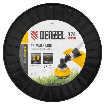 Леска для триммера DENZEL двухкомпонентная звезда, 2,0мм х 374м, на DIN катушке EXTRA CORD