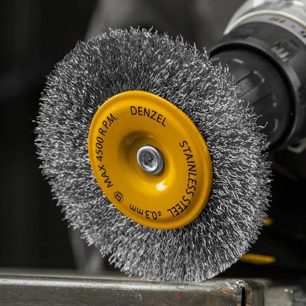 Щетка для дрели DENZEL 100 мм, Плоская, со шпилькой, нержавеющая витая проволока