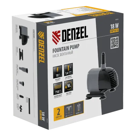 Насос фонтанный DENZEL FNP18-14, 18 Вт, подъем 1,4 м, 750 л/ч, колокольчик/каскад