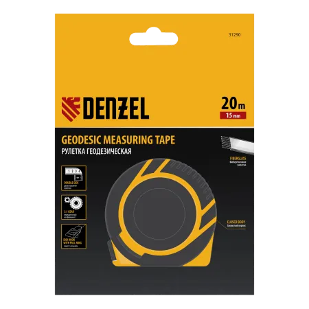 Рулетка геодезическая DENZEL 20 м х 15 мм, закрытый корпус, фиберглассовая лента