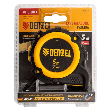 Рулетка DENZEL 31522 5м х 25мм, автоматич. фиксац., нейлон. покрытие, магнит. зацеп, двухстор. разметка