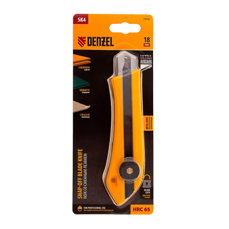 Нож DENZEL 18 мм, сменное лезвие, SK4, метал. направляющая, винтовой фиксатор