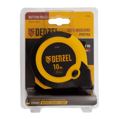 Рулетка DENZEL 10м х 25мм, двухкомп. корпус, кнопка-пауза