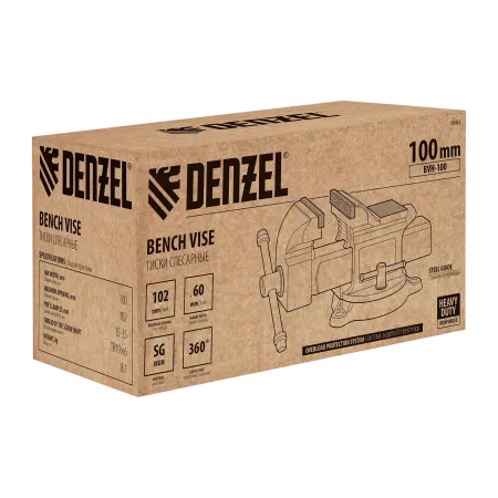 Тиски слесарные DENZEL BVH-100, 100 мм, поворотные, стальная направляющая, с наковальней