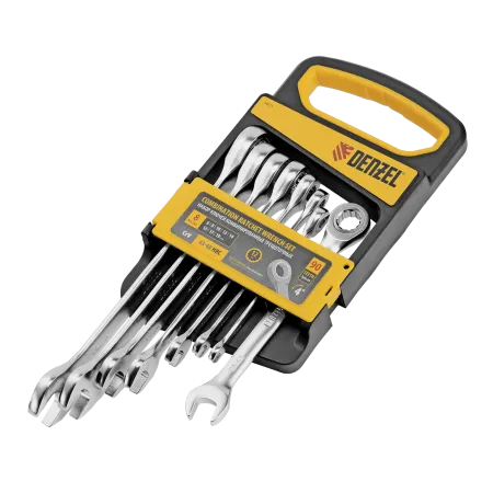 Набор ключей комбинированных трещоточных DENZEL 6-19 мм, 8 шт., CrV, матовый хром