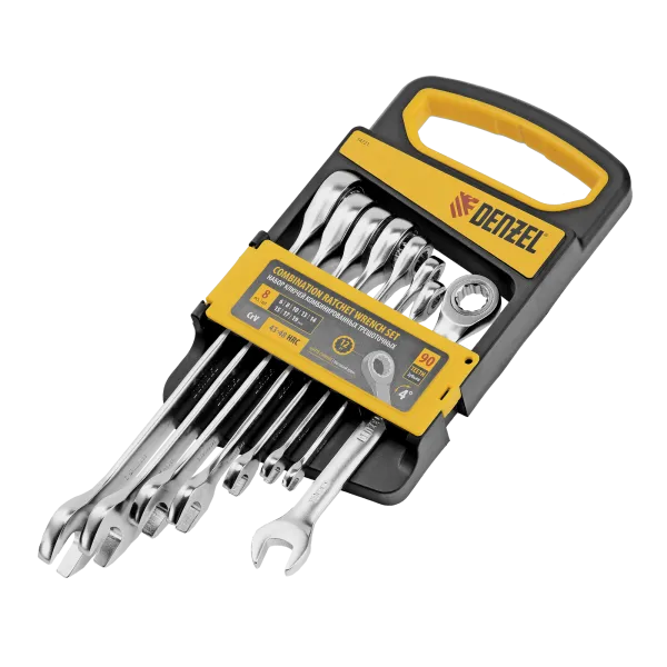 Набор ключей комбинированных трещоточных DENZEL 6-19 мм, 8 шт., CrV, матовый хром