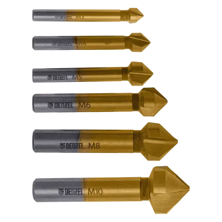 Набор зенковок DENZEL HSS, M3-M10, 6 шт, металл. кейс