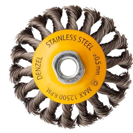 Щетка для УШМ DENZEL 746093, 100 мм, «тарелка», крученая нержавеющая проволока 0.5 мм, М14