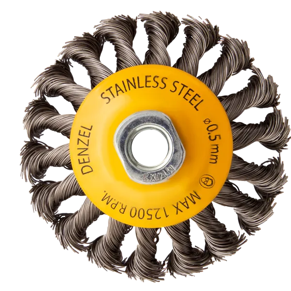 Щетка для УШМ DENZEL 746093, 100 мм, «тарелка», крученая нержавеющая проволока 0.5 мм, М14