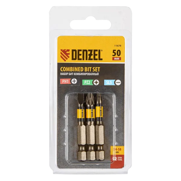 Набор бит комбинированный DENZEL 3 шт., PH2, PZ2, SL5, 50 мм, сталь S2