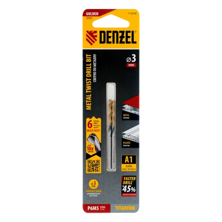 Сверло спиральное по металлу DENZEL 3 x 61 мм, Р6М5, Golden Tip, многогранная заточка, 2шт.