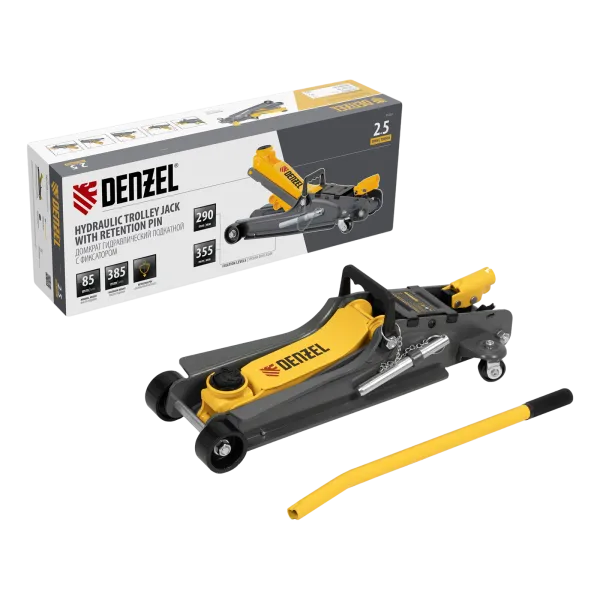Домкрат гидравлический подкатной с фиксатором DENZEL 2,5 т, 85-385 мм