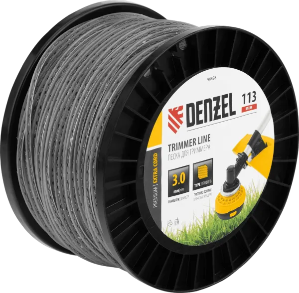 Леска для триммера DENZEL двухкомпонентная зубчатый квадрат, 3,0мм х 113м, на DIN кат. EXTRA CORD