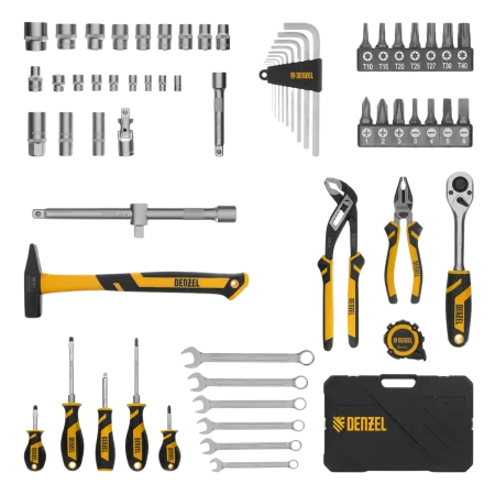 Набор инструментов DENZEL 1/2", 1/4", CrV, S2, пластиковый кейс, 64 предмета
