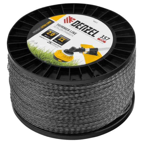 Леска для триммера DENZEL двухкомпонентная витой квадрат, 2,0мм х 357м, на DIN катушке EXTRA CORD