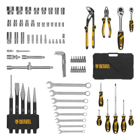 Набор инструментов DENZEL 1/2", 1/4", CrV, S2, пластиковый кейс, 84 предмета