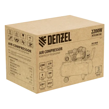Компрессор воздушный DENZEL BCV2200/100, 2.2 кВт, ременный привод, 100 литров, 370 л/мин