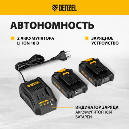 Дрель-шуруповерт аккумуляторная ударная бесщет DENZEL CIDB-IB-18-02, Li-Ion, 18 В, 2 акк.