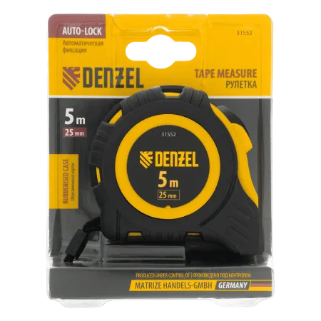 Рулетка DENZEL 5м х 25мм, обрезиненный корпус, автоматическая фиксация