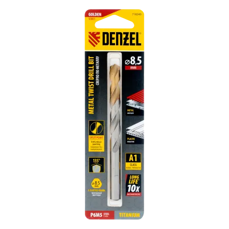 Сверло спиральное по металлу DENZEL 8,5 x 117 мм, Р6М5, Golden Tip