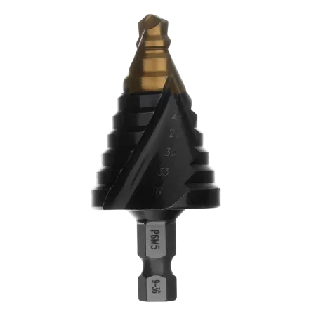 Сверло ступенчатое DENZEL, 9-12-15-18-21-24-27-30-33-36 мм, Р6М5, 6-гр. хвостовик