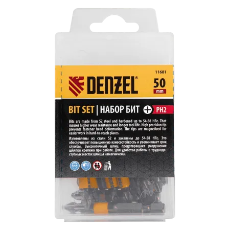 Бита DENZEL PH2х25, сталь S2, 20 шт., пластиковая коробка, Е 6,3