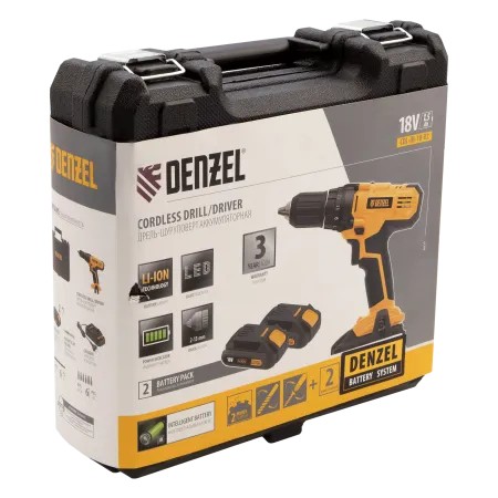 Аккумуляторная дрель-шуруповерт DENZEL CDL-IB-18-02, 18 В, Li-Ion, 2 x 1.5 Ач