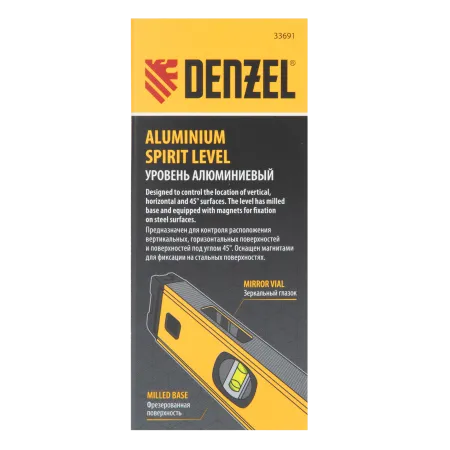 Уровень алюминиевый DENZEL магнит., фрезерованный, 3 глазка (1 зеркал.), 0,5 мм/м, 600 мм