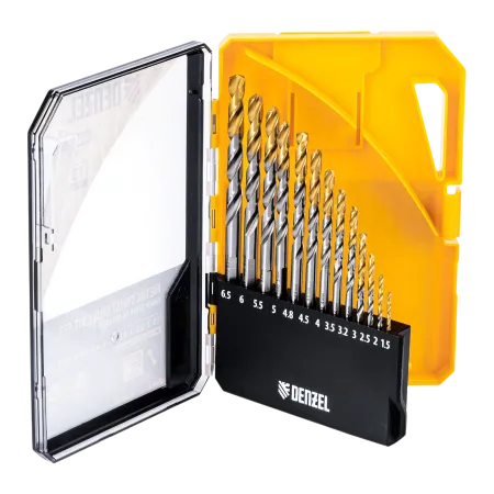 Набор сверл по металлу DENZEL, 1,5-6,5мм, Р6М5-TiN, Golden Tip, 13 шт