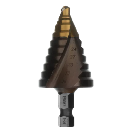 Сверло ступенчатое DENZEL, 9-12-15-18-21-24-27-30-33-36 мм, Р6М5К5, 6-гр. хвостовик