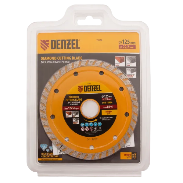 Диск алмазный отрезной DENZEL73108, турбо, 125 x 22.2 мм, сухая резка