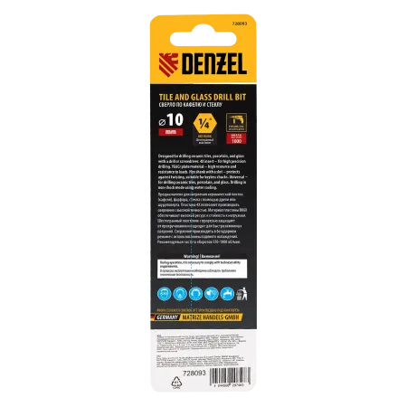 Сверло по керамической плитке DENZEL 10 мм, крестовая пластина, шестигранный хвостовик