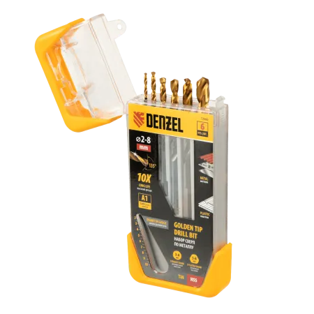 Набор сверл по металлу DENZEL 2-3-4-5-6-8 мм, HSS-Tin, Golden Tip, 6 шт