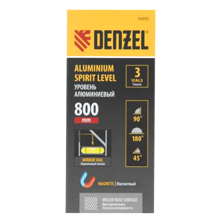 Уровень алюминиевый DENZEL магнит., фрезерованный, 3 глазка (1 зеркал.), 0,5 мм/м, 800 мм