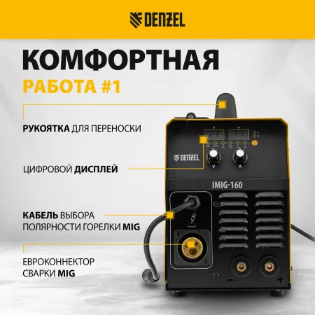 Аппарат инвертор. полуавтомат. cварки DENZEL IMIG-160 Synergy, 160 А, ПВ 60%, катушка 5 кг