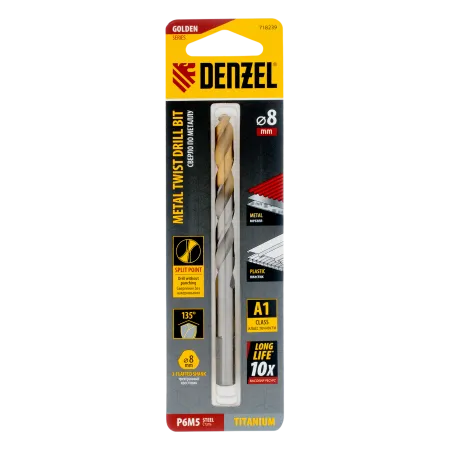 Сверло спиральное по металлу DENZEL 8 x 117 мм, Р6М5, Golden Tip