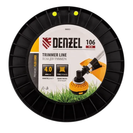 Леска для триммера DENZEL 96803 витой квадрат, 4,0мм х 106м, на DIN катушке FLEX CORD