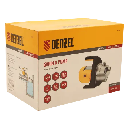 Насос садовый поверхностный DENZEL GP1200Х, 1200 Вт, 3700 л/ч, высота подъема 46 м