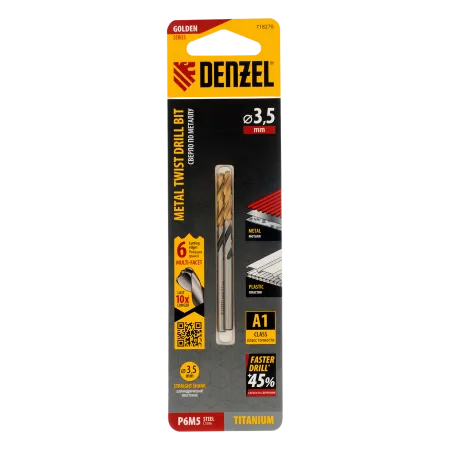Сверло спиральное по металлу DENZEL 3,5 x 70 мм, Р6М5, Golden Tip, многогранная заточка, 2шт.