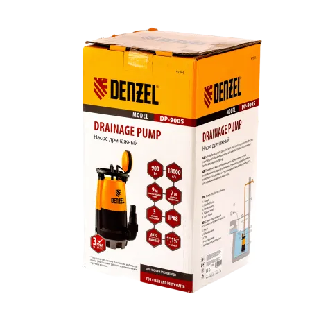 Дренажный насос DENZEL DP900S для чистой и грязной воды, 900 Вт, напор 9 м, 18000 л/ч